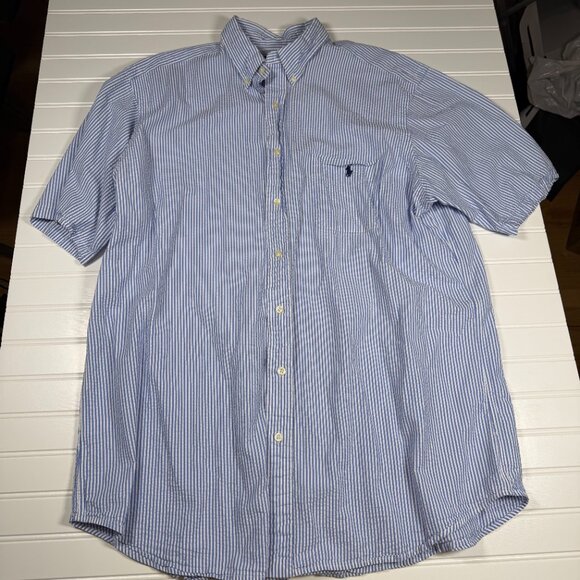 Ralph Lauren Seersucker Button Up Shirt Men's XLT Blue White Stripes GUC - Picture 3 of 6